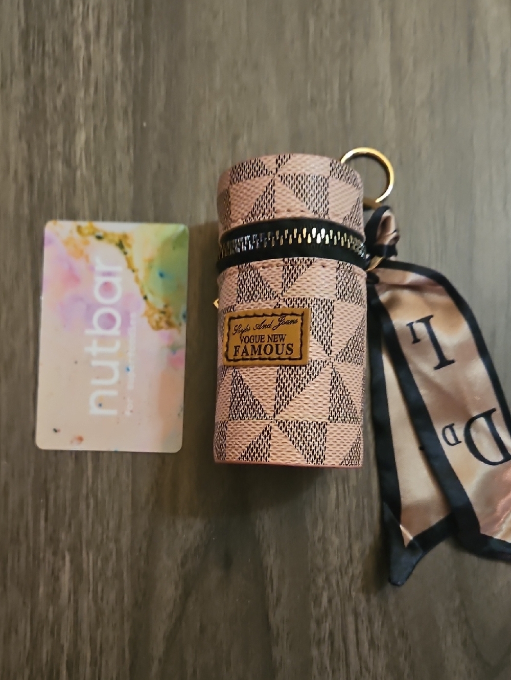 SALE Pink Patterned Cylinder Cosmetic Pouch with Scarf Accent